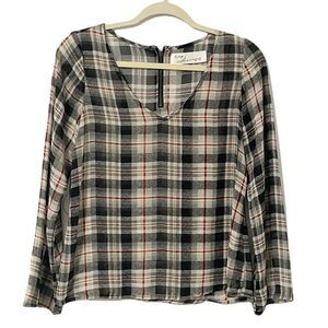 🟢Vintage Havana Plaid Semi Sheer V Neck Blouse Black Tan Red S